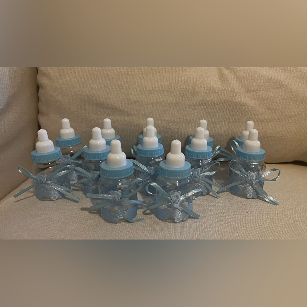 Mini Blue & White Fillable Plastic Baby Bottle Favours 12 pieces